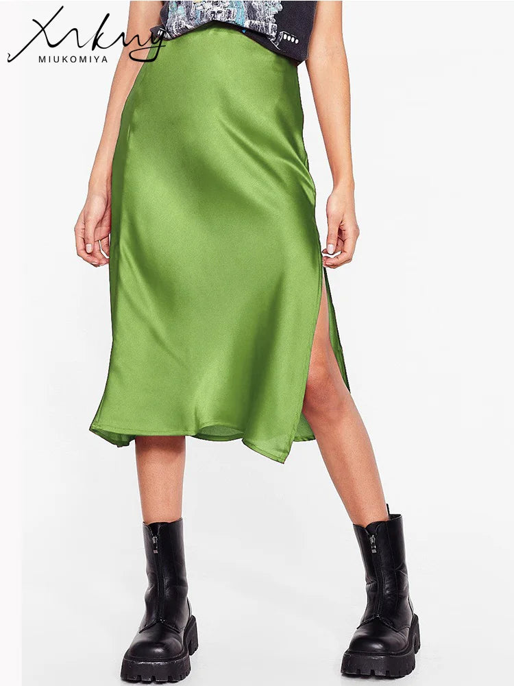 Green Satin Midi Skirts For Women Summer Elastic High Waist A Line Slit Skirt Midi Satin Silk Women Skirt With Slit Summer 2024