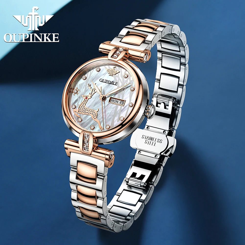 OUPINKE A3180 Women Watch Luxury Brand Automatic Mechanical Watch Tungsten Steel Watchstrap Waterproof Day-Date Watch With Box