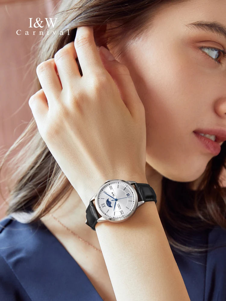 Switzerland Brand I&W New Moon Phase Automatic Watch for Women Sapphire Mechanical Watches Calendar MIYOTA Movement Reloj Mujer