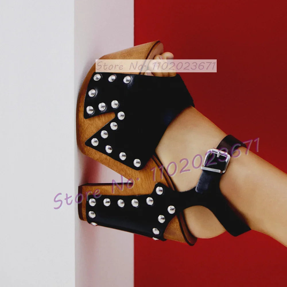 Wooden Platform Rivets-trim Sandals Women Fashion Black Cross Strap Chunky Shoes Female Chic Ankle Strap High Heels Studs Shoes