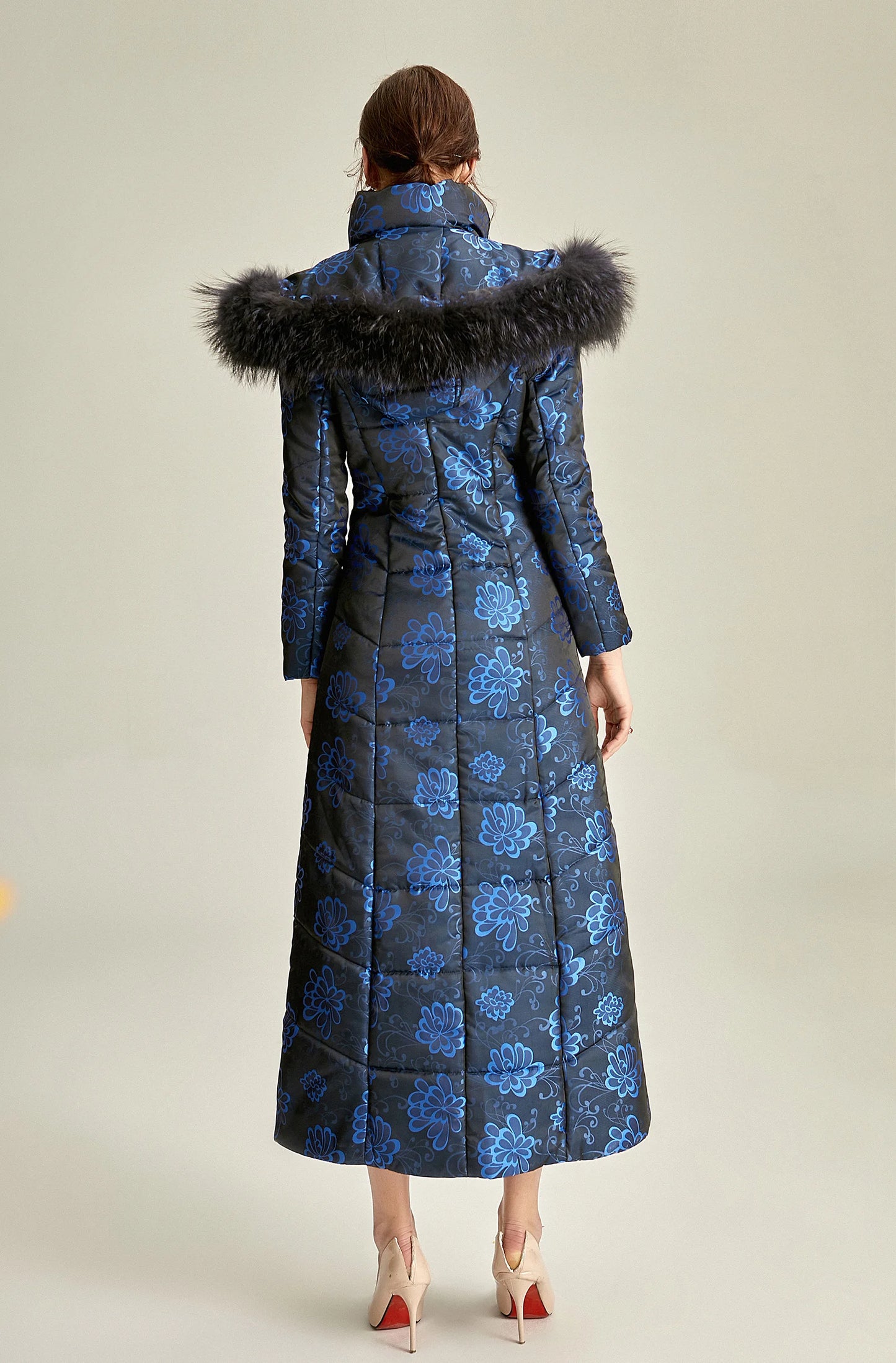 England Style Women Winter Fur Hooded Coat Zipper Long Sleeve Jacquard Parkas Space Cotton Floral Thick Coat Jacket Vintage