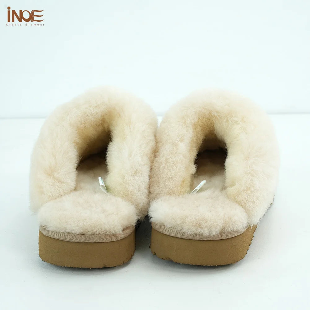 INOE Women Real Sheepskin Suede Leather Natural Wool Sheep Fur Lined Winter Slippers Cazy Loafer Home Shoes Baboon in House Flat
