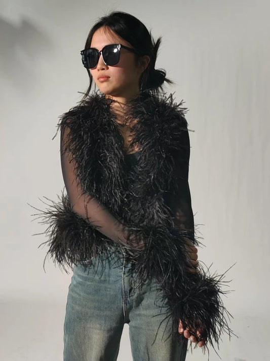 Jxwatcher Women's Sexy Mesh Feather Tops Spring Summer Ladies Vintage Celebrity Real Ostrich Feather Coat Fashion Party Wear New