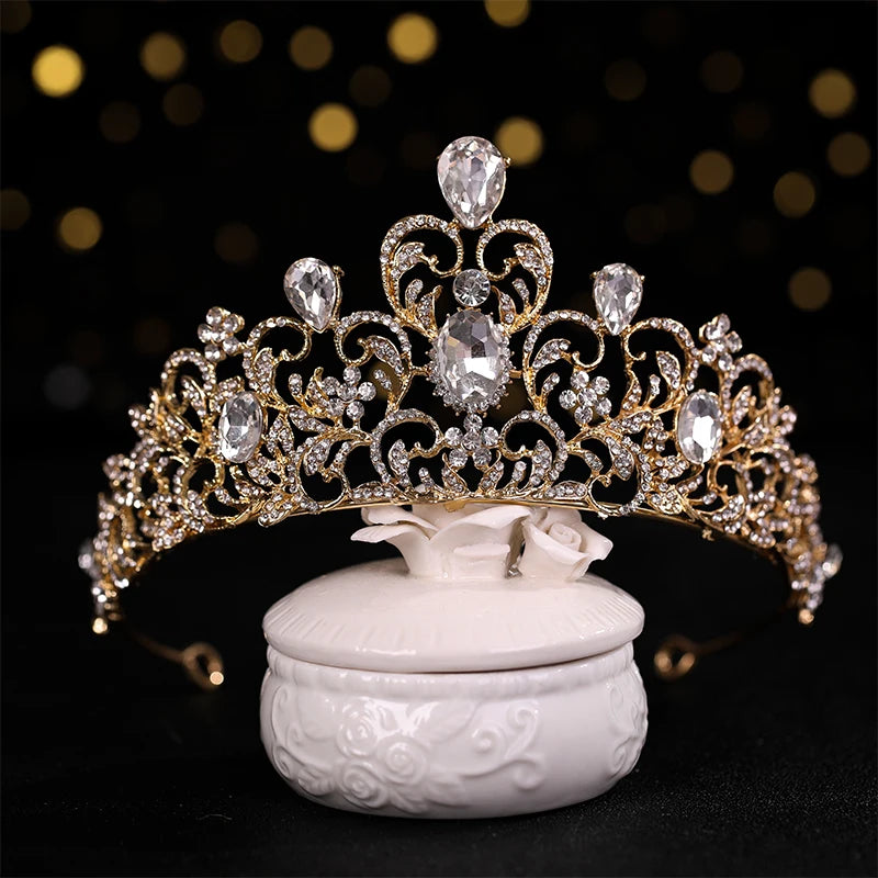 Wedding Hair Tiara Crystal Bridal Tiara Crown Wedding Hair Accessories Headpieces Head Jewelry Gold Color Diadem Veil Tiaras