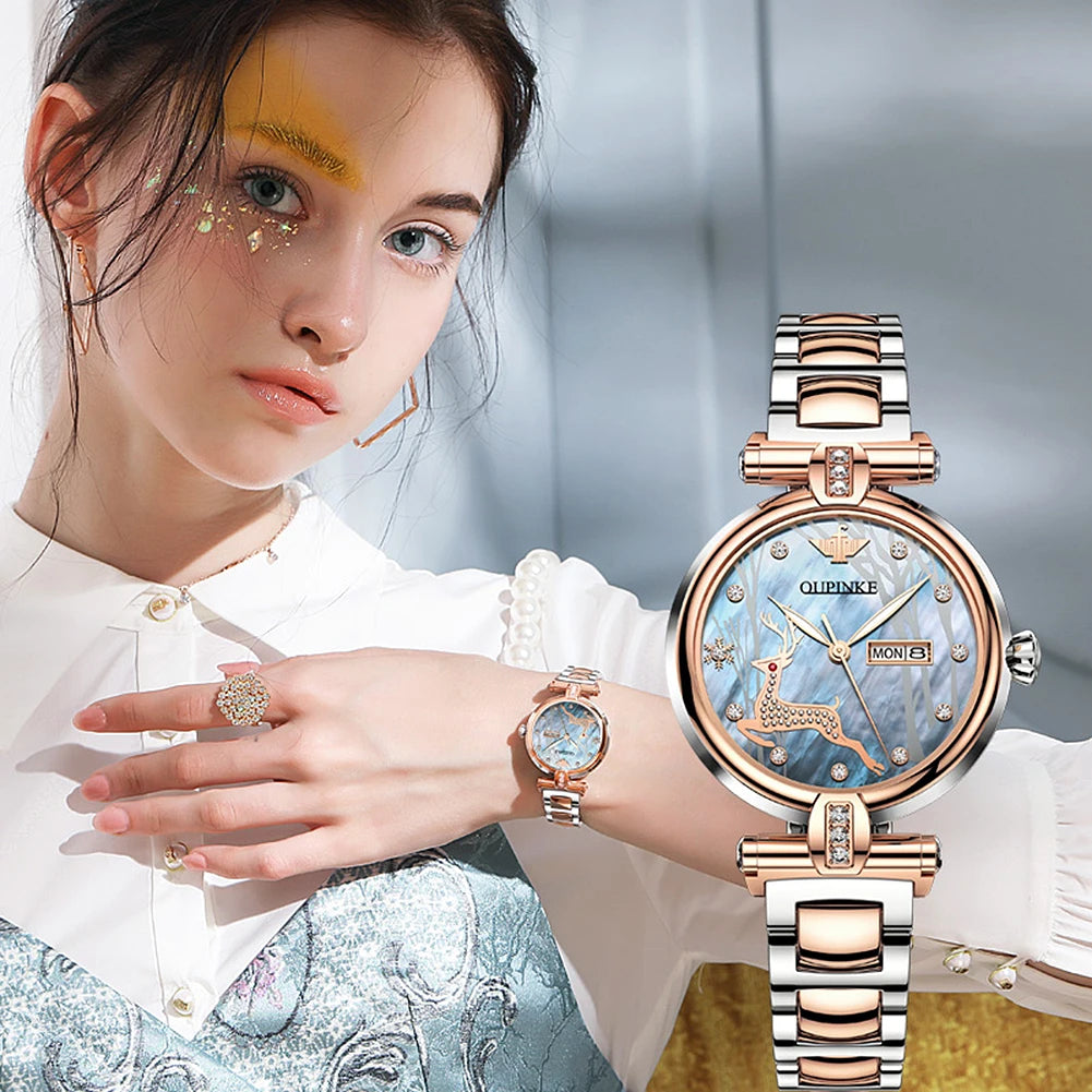 OUPINKE A3180 Women Watch Luxury Brand Automatic Mechanical Watch Tungsten Steel Watchstrap Waterproof Day-Date Watch With Box