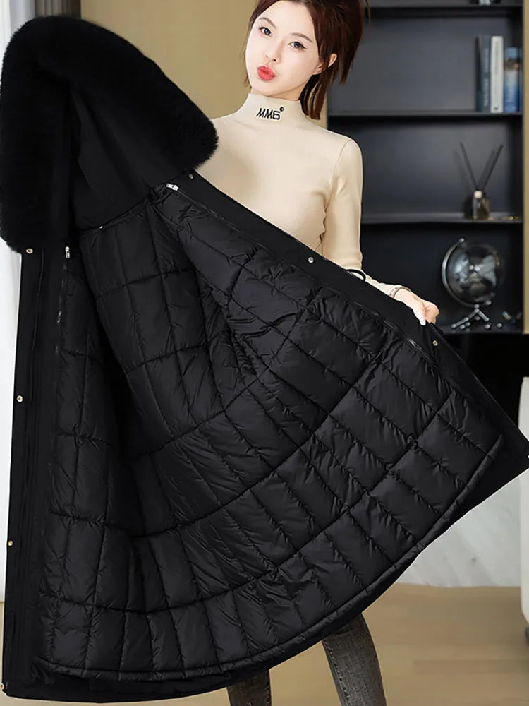 Vielleicht 2024 New Winter Women Puffer Jacket Removable Liner Fur Hooded Cotton Padded Coat Long Parkas Clothes Women Outwear