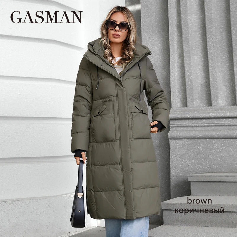 GASMAN 2024 Women's jacket long Fashion Grace women winter down jackets Zipper pocket with belt parka high quality outwear 88602