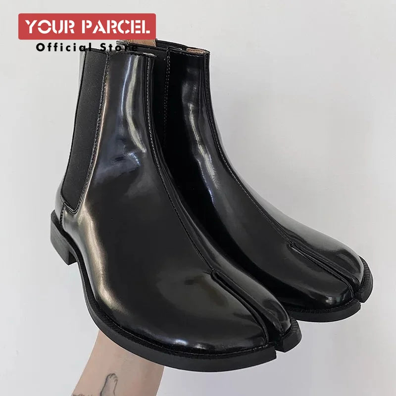 Men's split toe leather boots square toe leather shoes  English style short boots  women's Chelsea boots horseshoe shape