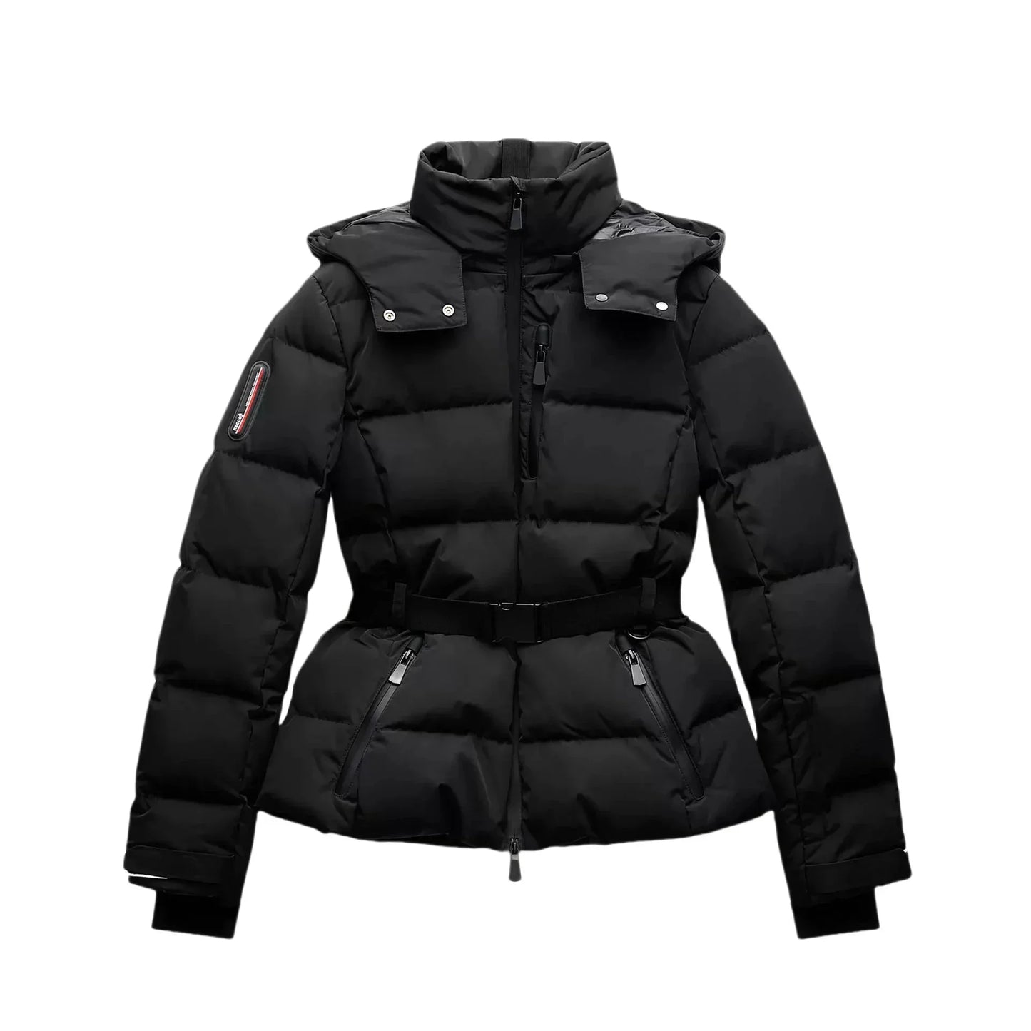 2025 New Women's Ski Series Stand-up Collar Hooded Down Cotton Jacket With Belt Winter Waist Warm Windproof Cuffs Commuter Coats