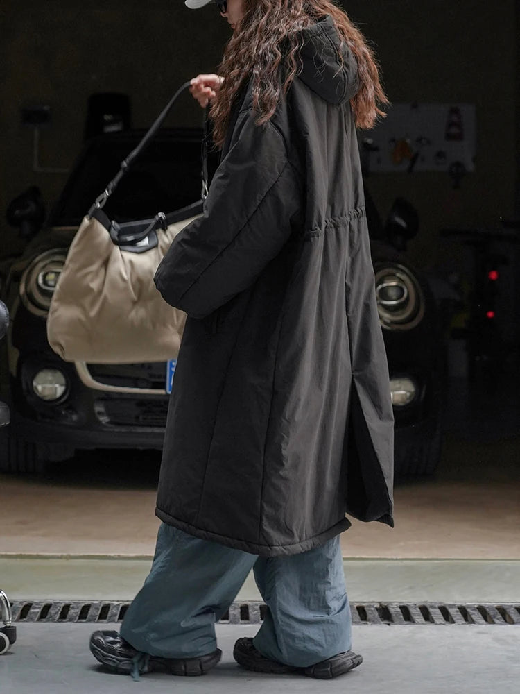 [EAM] Black Big Size Long Cotton-padded Coat Long Sleeve Loose Fit Women Parkas Fashion Tide New Autumn Winter 2025 1DH2804