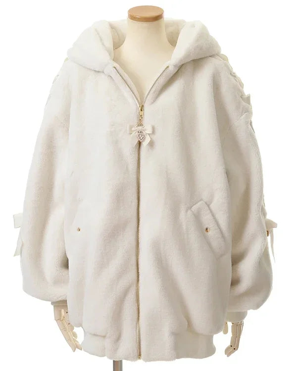 High Quality Japanese Winter New Sweet Cute Mine Cute Rabbit Ear Plush Cotton Coat Jacket Girl Lolita Fur Coats Women Parkas