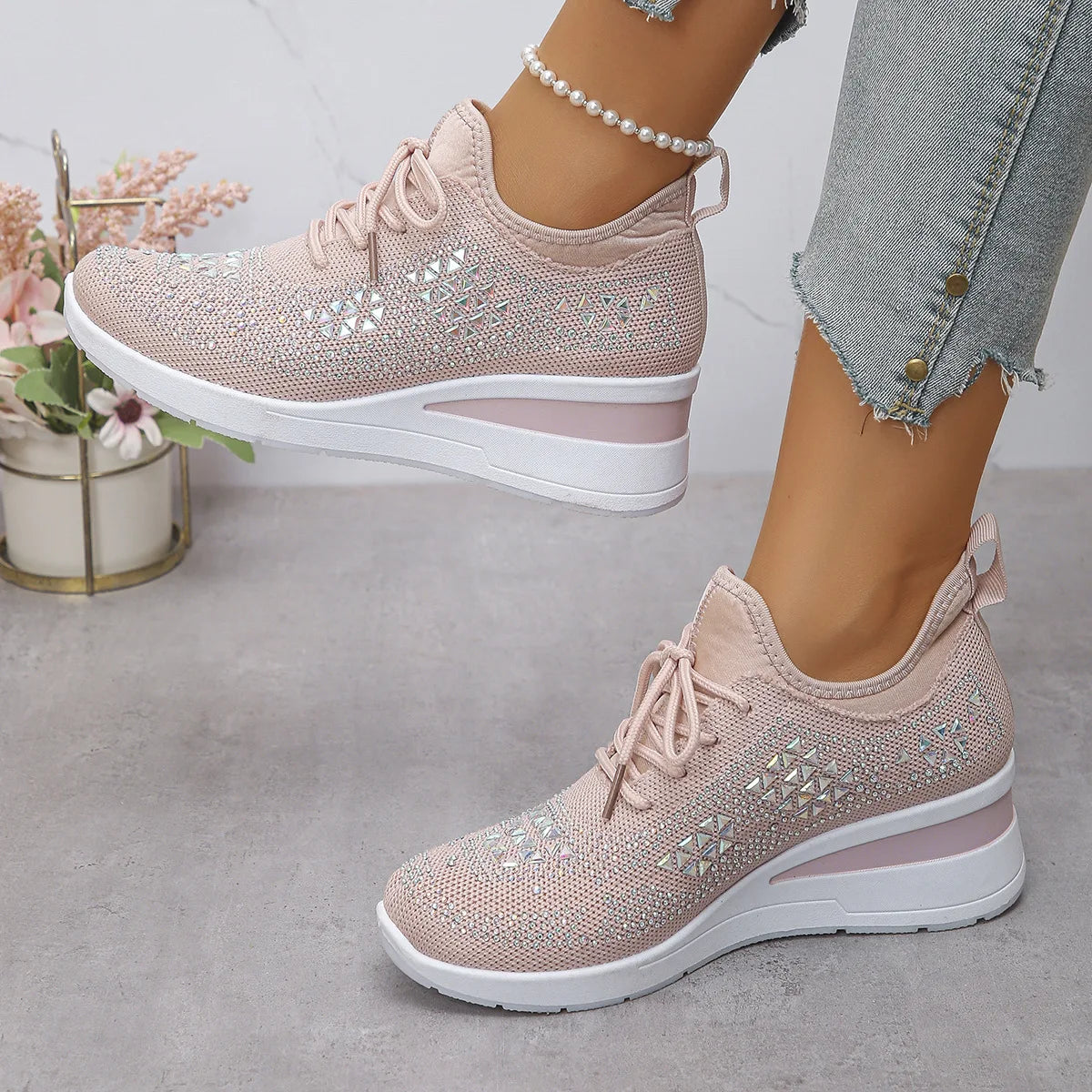Women's Sneakers Shiny Rhinestone Wedge  Breathable Knit Non Slip Walking Shoes Woman Plus Size Fashion Thick Sole White Sneaker