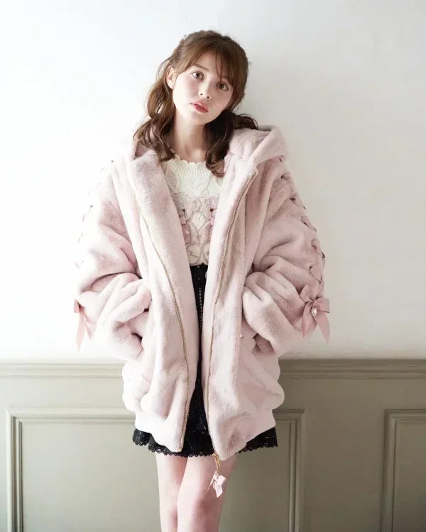 High Quality Japanese Winter New Sweet Cute Mine Cute Rabbit Ear Plush Cotton Coat Jacket Girl Lolita Fur Coats Women Parkas