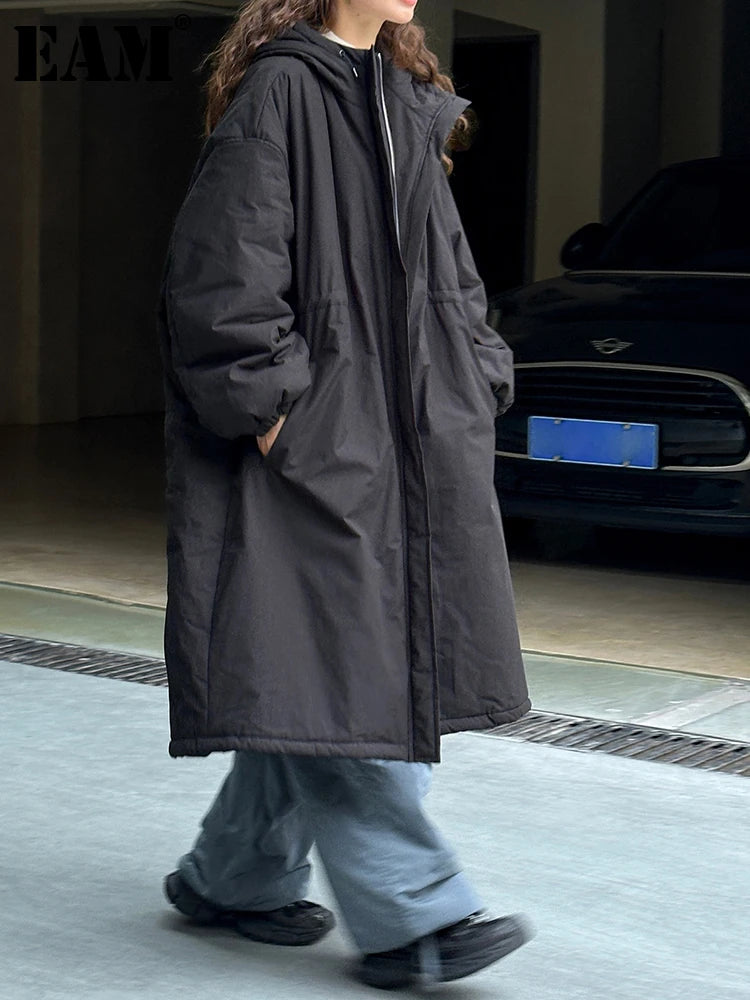 [EAM] Black Big Size Long Cotton-padded Coat Long Sleeve Loose Fit Women Parkas Fashion Tide New Autumn Winter 2025 1DH2804
