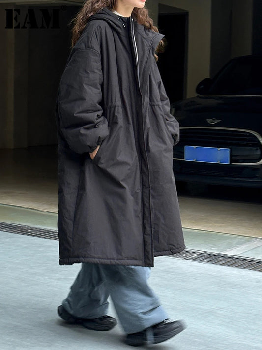 [EAM] Black Big Size Long Cotton-padded Coat Long Sleeve Loose Fit Women Parkas Fashion Tide New Autumn Winter 2025 1DH2804