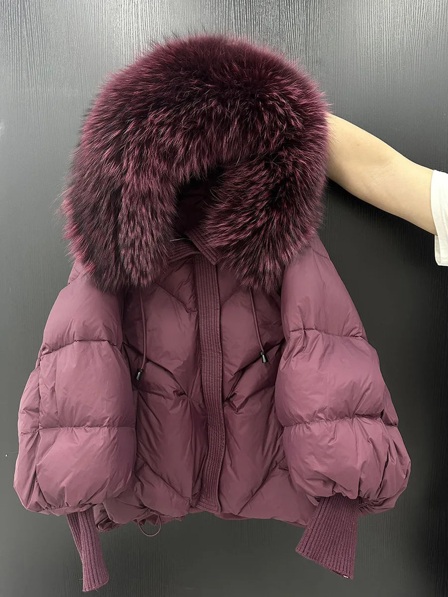 Winter Natural Large Fur Collar Hooded Down Jacket Female Lantern Sleeve Warm Quilted Jacket Women Short White Duck Down Outwear