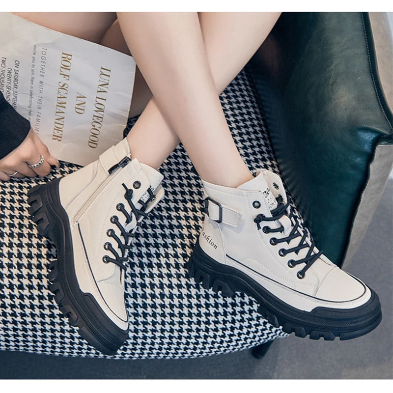 100% Genuine Leather Winter Shoes Women Fashion Modern Boots Brand Ladies Ankle Boots Thick Sole Height Increasing 4cm D238