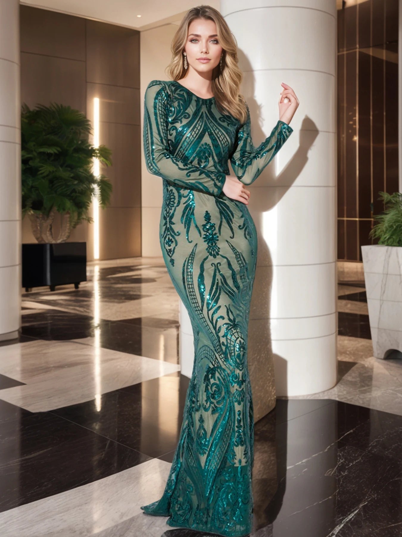 Romagic O Neck Modest Evening Party Dress Women Long Sleeves Sequins With lining Elegant Formal Dinner Prom Gown Green Burgundy