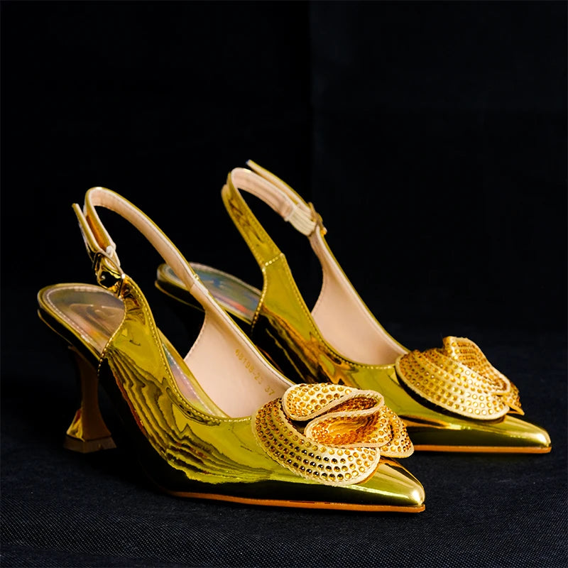 2024 Fashionable Designed Gold Elegant Shoe Bag Bright Banquet African Women's tie Pointed Toe High Heels Shoes Wedding Party