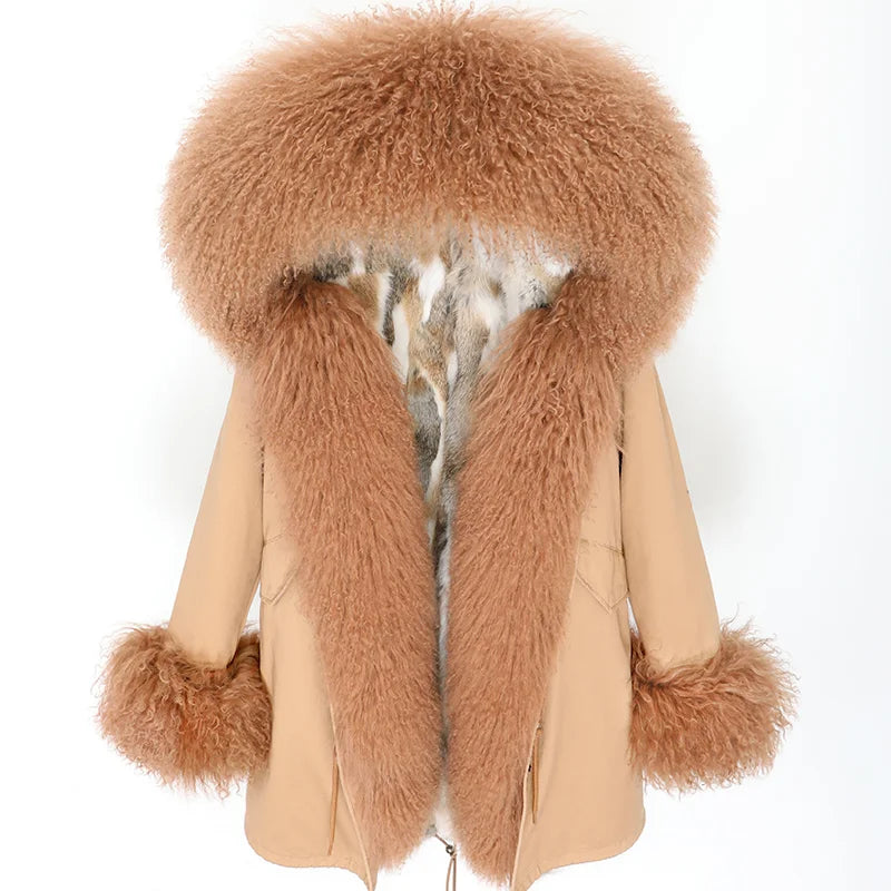 Maomaokong 2023 Winter Women Parkas Real Fur Long Coat Outwear Large Raccoon Fur Collar Thick Warm Jacket Rabbit Lining Hooded