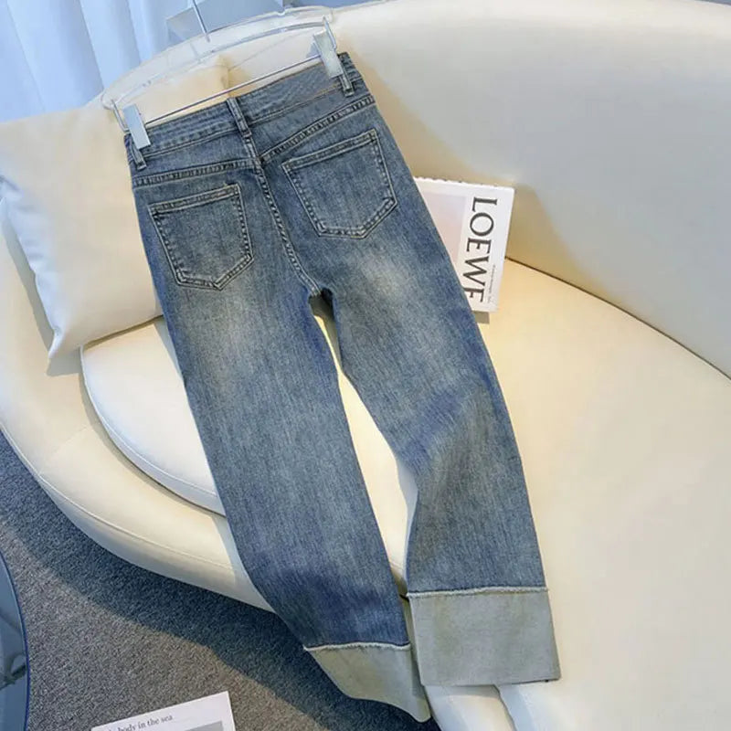2025 Spring Autumn Women's Jeans High Waist Slim Fit Flipped Panel Elastic 9-point Pipe Pants Female Denim Straight Trousers