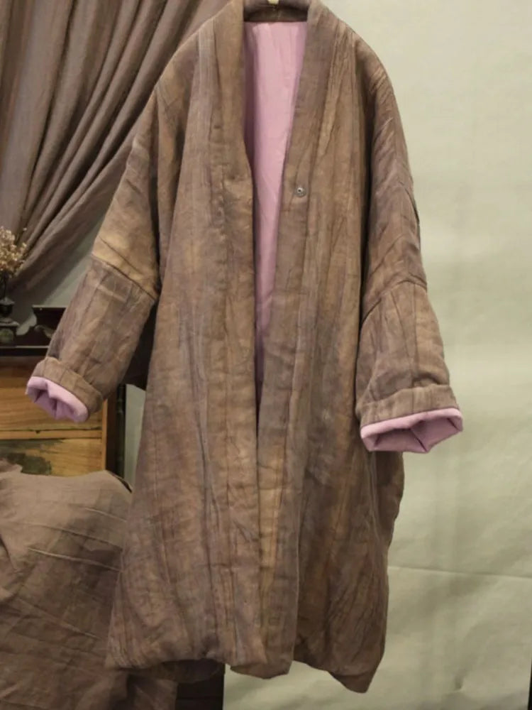 Women Loose Linen Padded Long Coat Parkas Ladies Vintage Flax Coat Female 2023 Winter Coat Tops