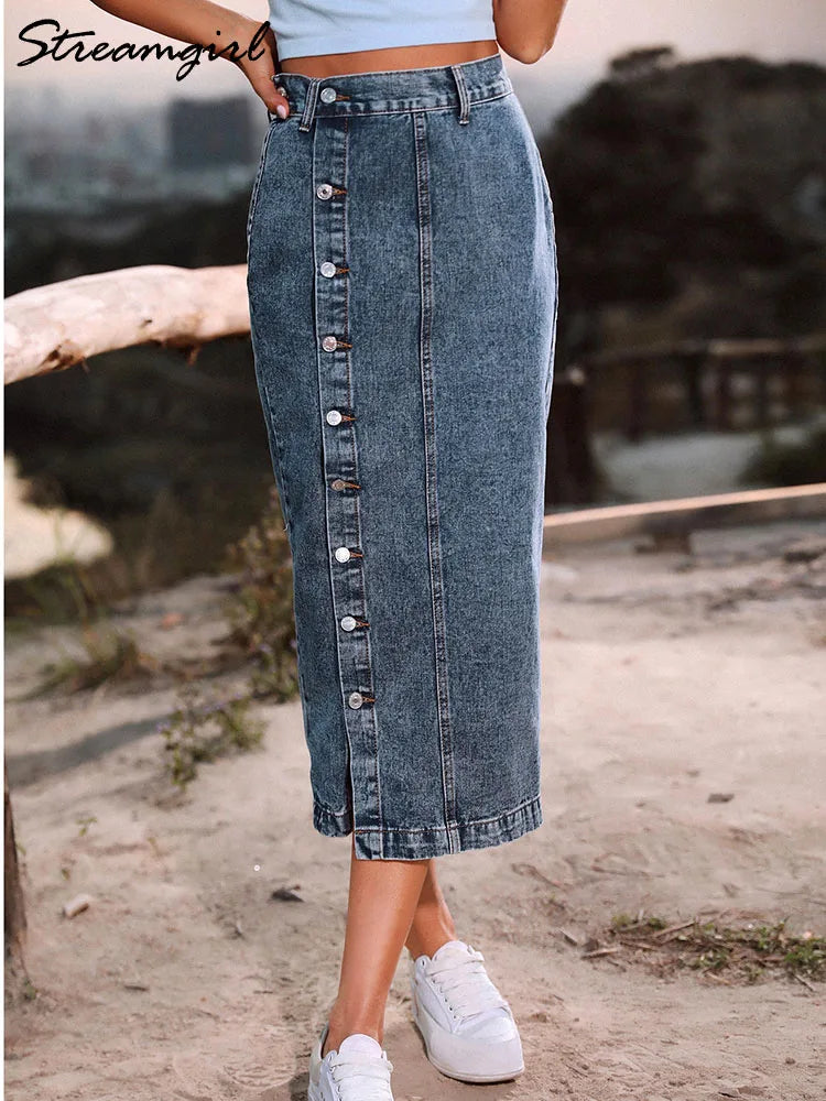 Women Midi Denim Skirt High Waist Summer Long Black Button Jeans Skirt Woman Casual A Line Slit Maxi Denim Skirts For Women