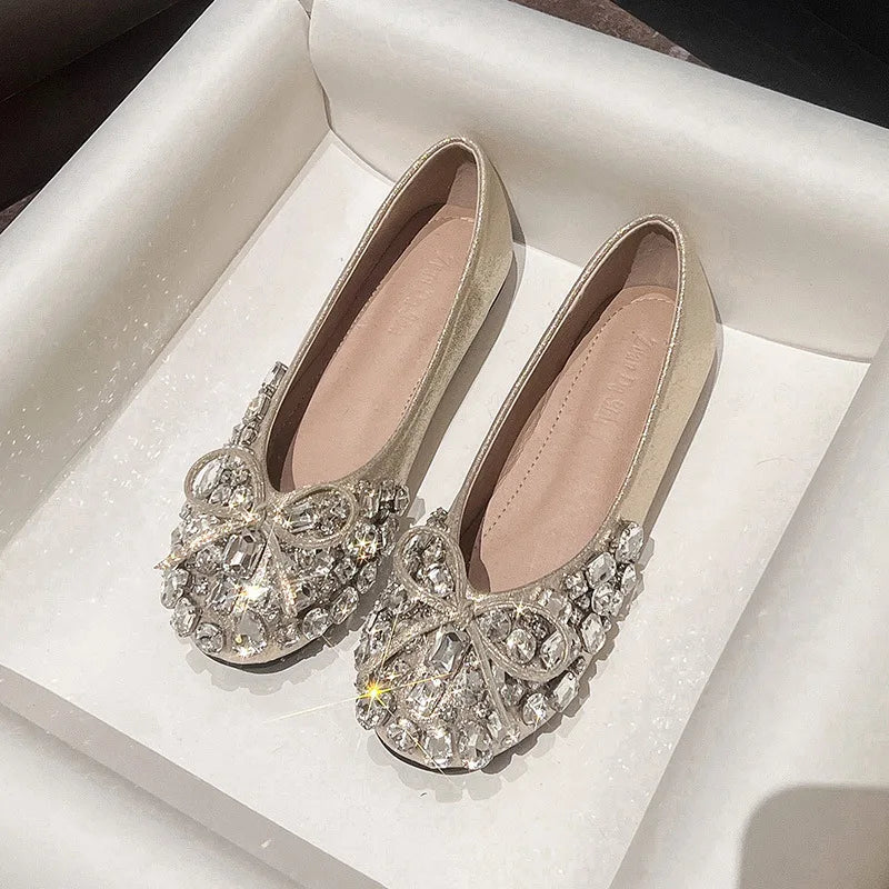 Luxury Designer Woman Rhinestone Flats Ballet Gold/Silver Bowtie Loafers Femmes Shallow Slip On Ballerinas Brides Wedding Shoes