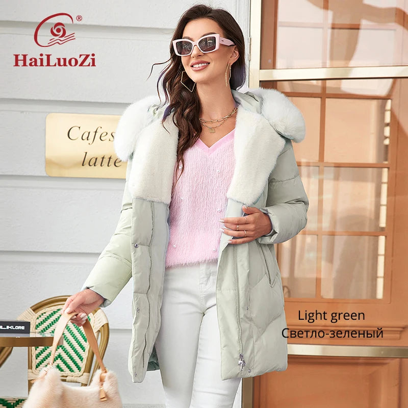 HaiLuoZi 2023 New Winter Down Jacket Warm Hood with Detached Fur Short Female Outwear Elegent Solid Color Thick Coats Women 1158