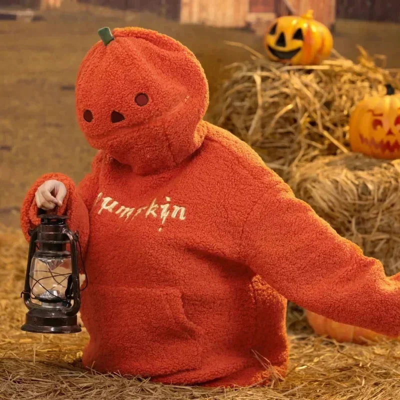 Halloween Lamb Pumpkin Sweatshirt Winter Clothes Pumpkin Jacket Autumn Cute Head Plush Decorated Hoodie Loose Warm Pullover Top