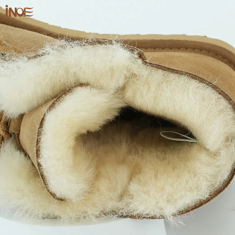 INOE Women Fashion Casual Short Winter Snow Boots Sheepskin Suede Leather Shearling Sheep Fur Wool Lining Warm Shoes Waterproof