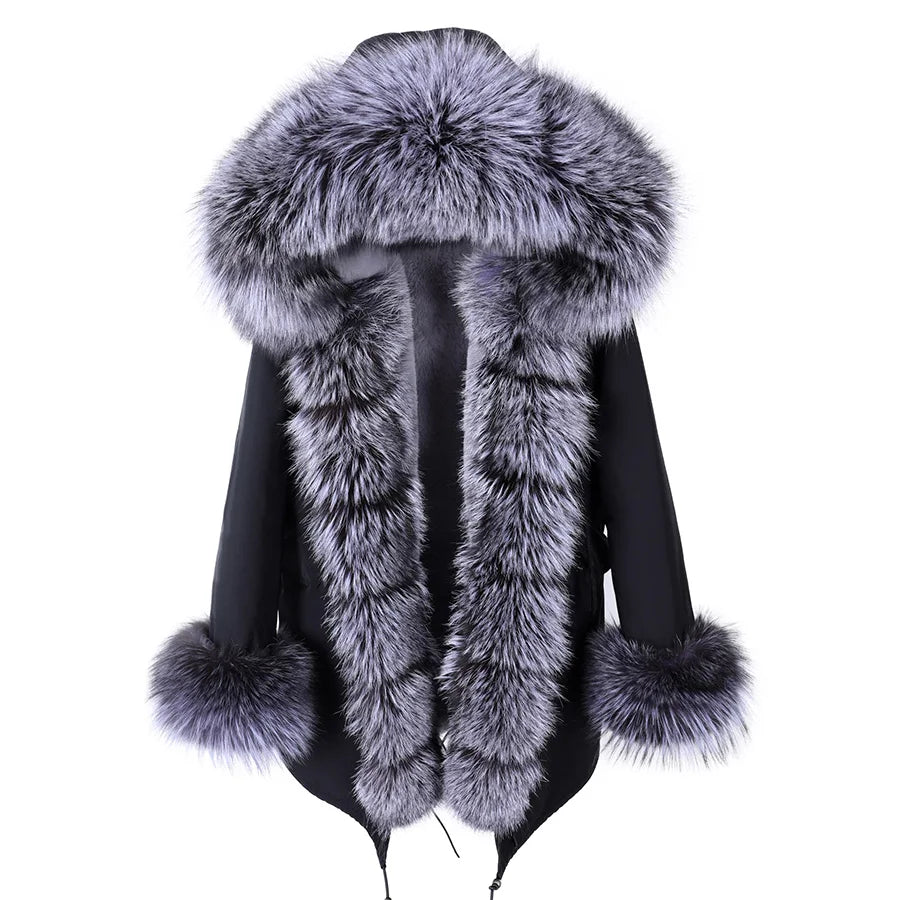 Maomaokong Winter Women Luxur Beige Fur Coat Natural Real Fox Fur Waterproof Jacket Hooded Thick Warm Fashion Long Black Parkas