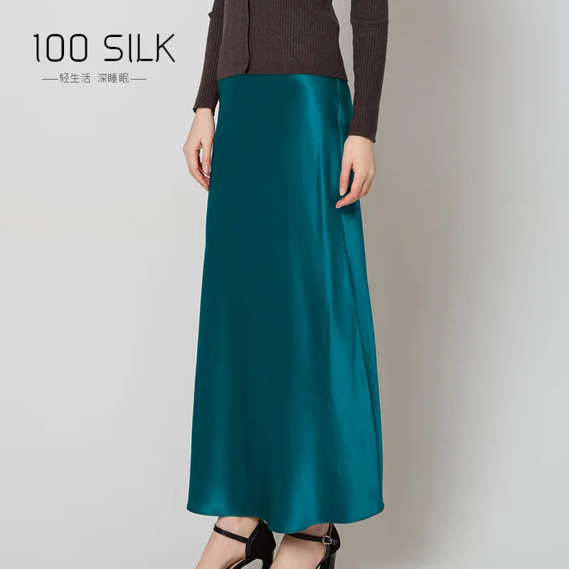 BirdTree, 22MM 100%Real Silk Elegant Skirt, Women Elastic Waist Satin, High Quality Fashion Skirt, 2024 Summer Fall B47024QM