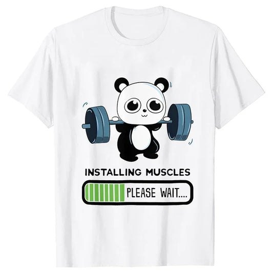 Fun Panda Fitness Print T-shirt Women's Summer T-shirt Round Neck Casual Short Sleeve Weightlifting Fitness Summer T-shirt