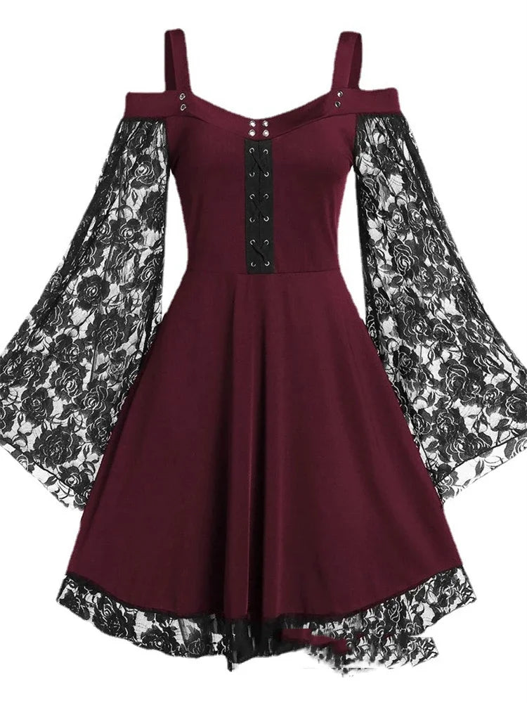 2022 New Gothic One-shoulder Lace Stitching Flared Sleeve Dress Literary Vintage Autumn Grunge Black A-line Dress Punk Partywear