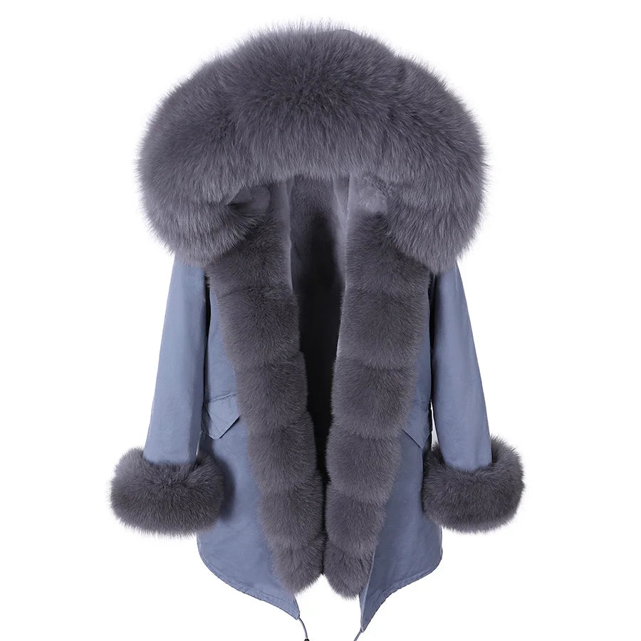 Maomaokong Winter Women Luxur Beige Fur Coat Natural Real Fox Fur Waterproof Jacket Hooded Thick Warm Fashion Long Black Parkas