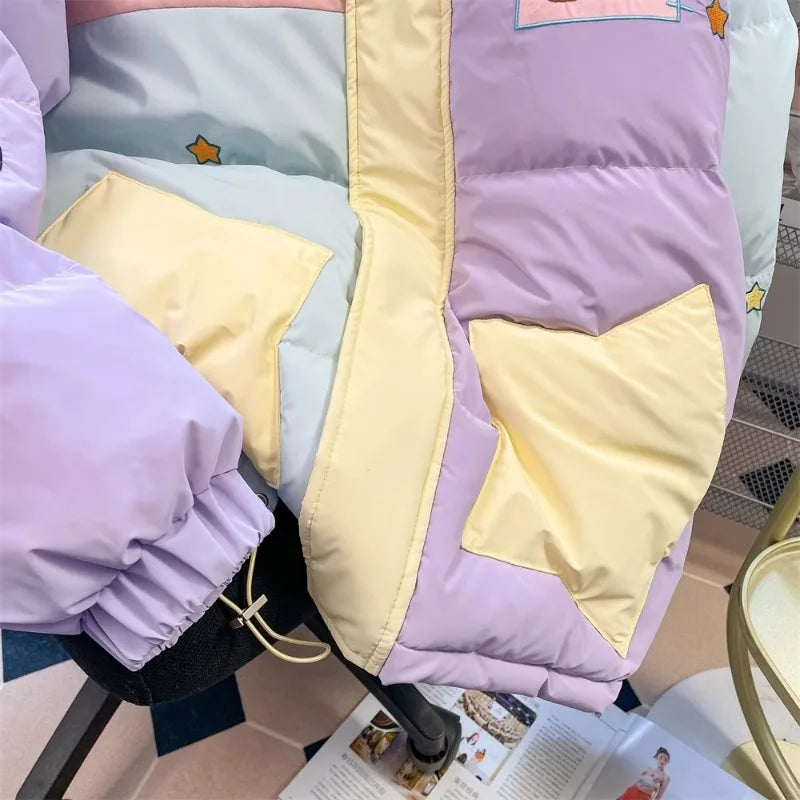 Macaron Cartoon Cotton-Padded Jacket Winter Contrast Color Bread Clothes Fashion Y2k Korean Casual Hooded Loose Thick Coat Women