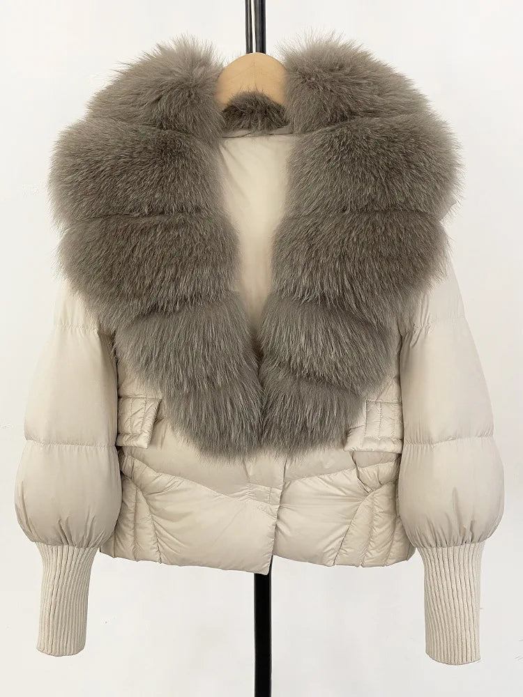 ZMEENNA Women's Black Puffer Down Jacket With Large Real Fur Collar Short Warm Winter Coat Knit Cuffs Elegant Outerwear ZM3377