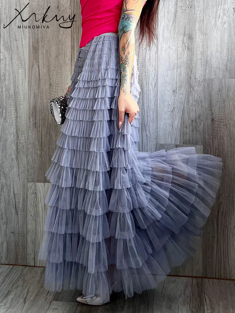 MiuKoMiYa Elegant Black Long Tulle Skirts Women Puffy Pink Maxi Mesh Skirt Long High Waist Pink Tulle Skirt Vintage For Women