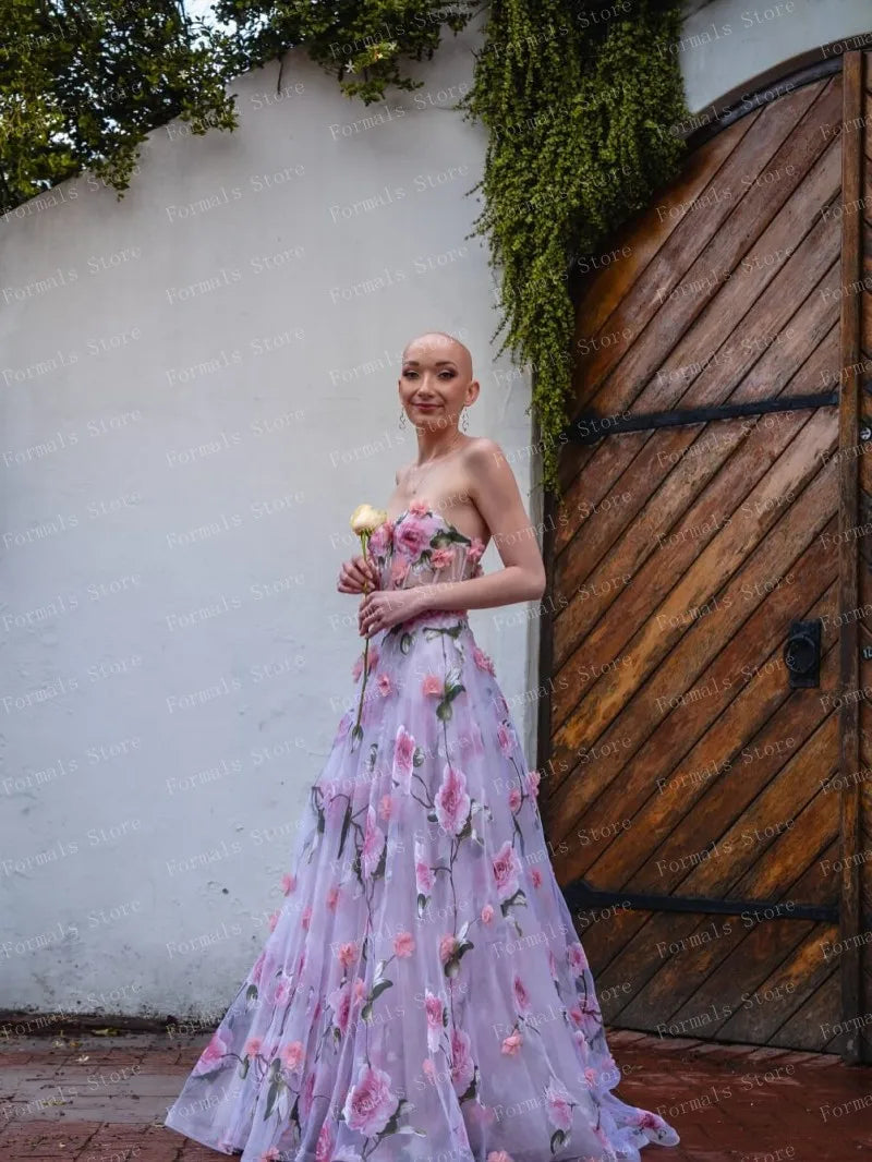 Ethereal Floral Print Gown With Pink Roses On Sheer Fabric Flowing Dress Strapless Design Highlighting Femininity And Grace