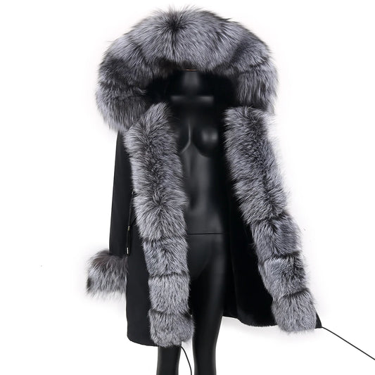 2025 Women's jacket Natural Real Fox fur Jacket Hooded black Woman parkas Winter warm Coat Parkas