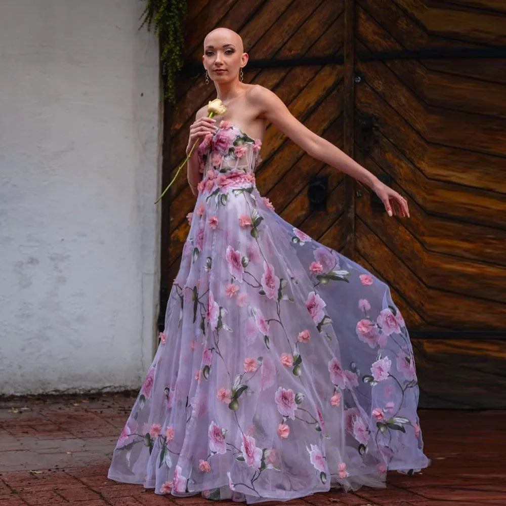 Ethereal Floral Print Gown With Pink Roses On Sheer Fabric Flowing Dress Strapless Design Highlighting Femininity And Grace