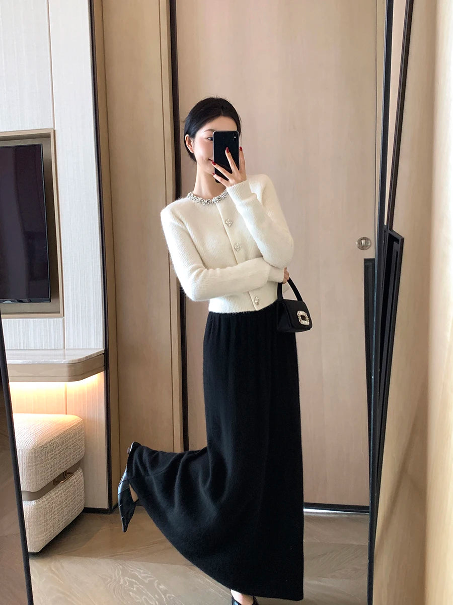 High-End Autumn Knitted Top Diamond Decorated Collar Anti-Aging Versatile Ele Sle Long Sve Round Ne Sweater Coat