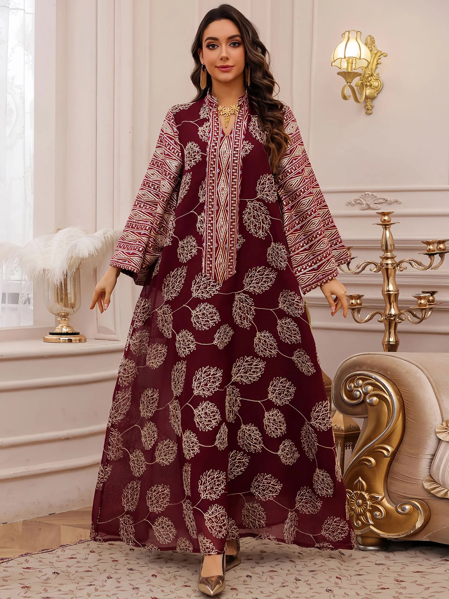 New Stylish Dubai Muslim Abaya Women Islamic Red Fabric with Intricate Gold Embroidery for Middle East UAE Saudi Arabia Qatar