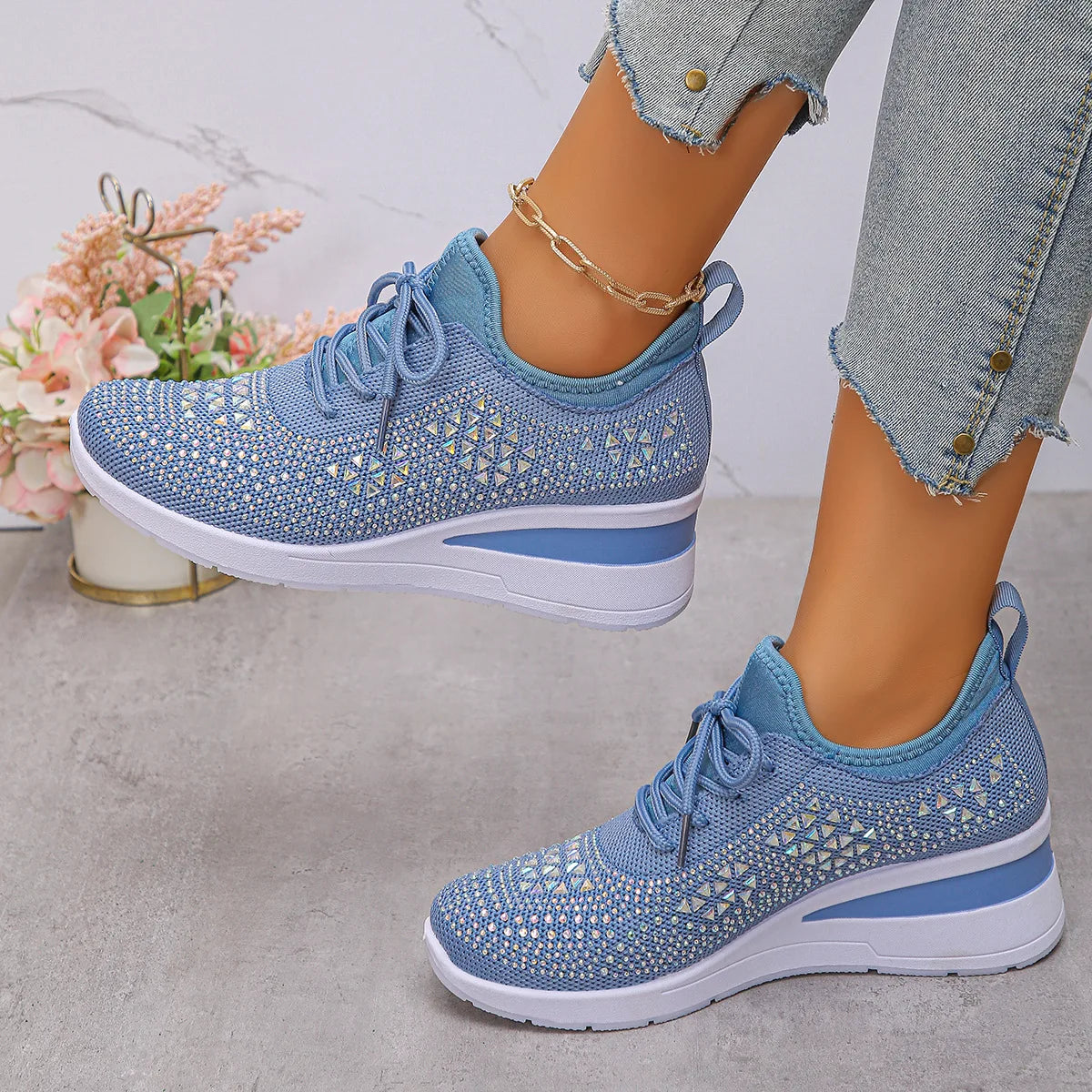Women's Sneakers Shiny Rhinestone Wedge  Breathable Knit Non Slip Walking Shoes Woman Plus Size Fashion Thick Sole White Sneaker
