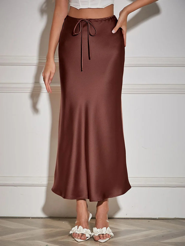 High Waist Long Satin Skirts For Women Spring 2025 Black High Quality Women's Drawstring Gray Satin Long Skirt Mermaid Beige