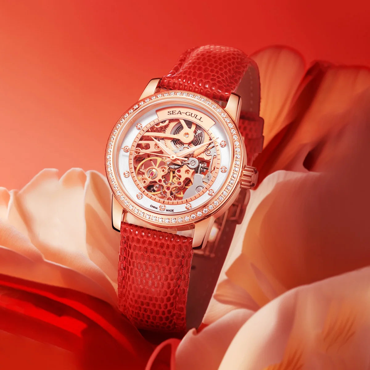 Seagull Fashion Women's Watch Red Luxury Zircon Skeleton Womens Mechanical Automatic Ladies Wristwatch Montre Femme 719.403LK