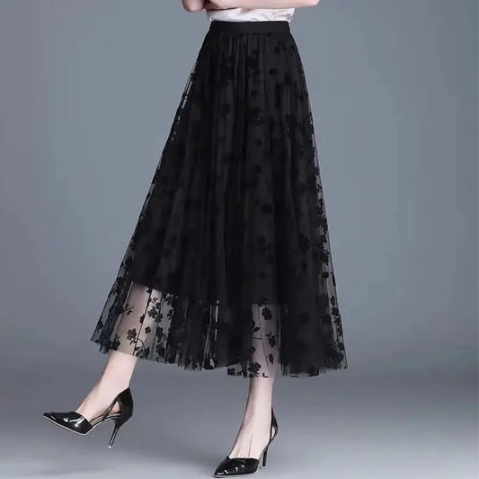 Gauze skirt floral half fairy skirt spring and summer new pleated A-line skirt in the long high waist thin gauze skirt