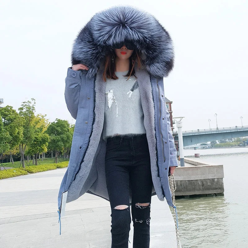 Maomaokong Winter Women Luxur Beige Fur Coat Natural Real Fox Fur Waterproof Jacket Hooded Thick Warm Fashion Long Black Parkas