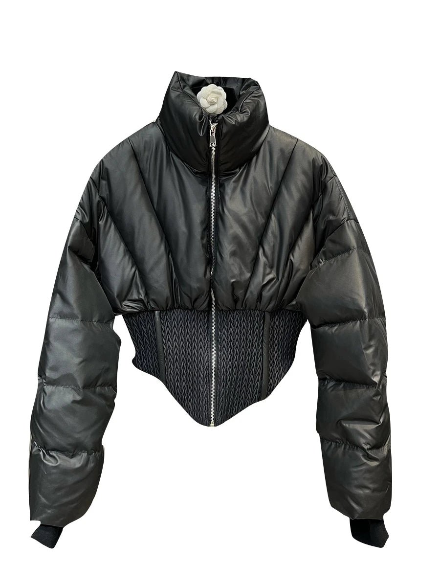 PREPOMP 2023 Winter New Collection Long Sleeve Zipper Stand Collar Slim Waist Short Jacket Women Cotton Coat GM099